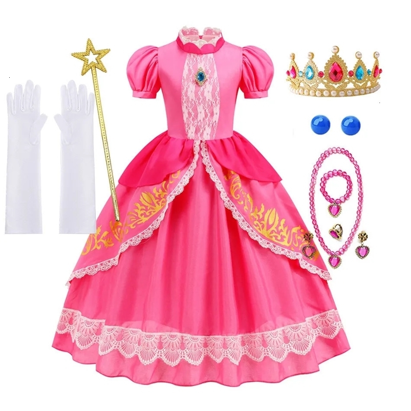 Pumber Bros Video Game Movie Cosplay Girl Peach Dress up Lace Ball Gown Princess Costume Kid Cute Halloween Clothing Dress 2-10Y 250624CJ