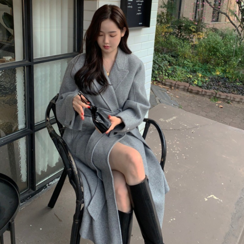 Korean Chic Style Herringbone Suit Collar LaceUp MidLength Woolen Coat Autumn Winter New Woolen Overcoat for Women 241202