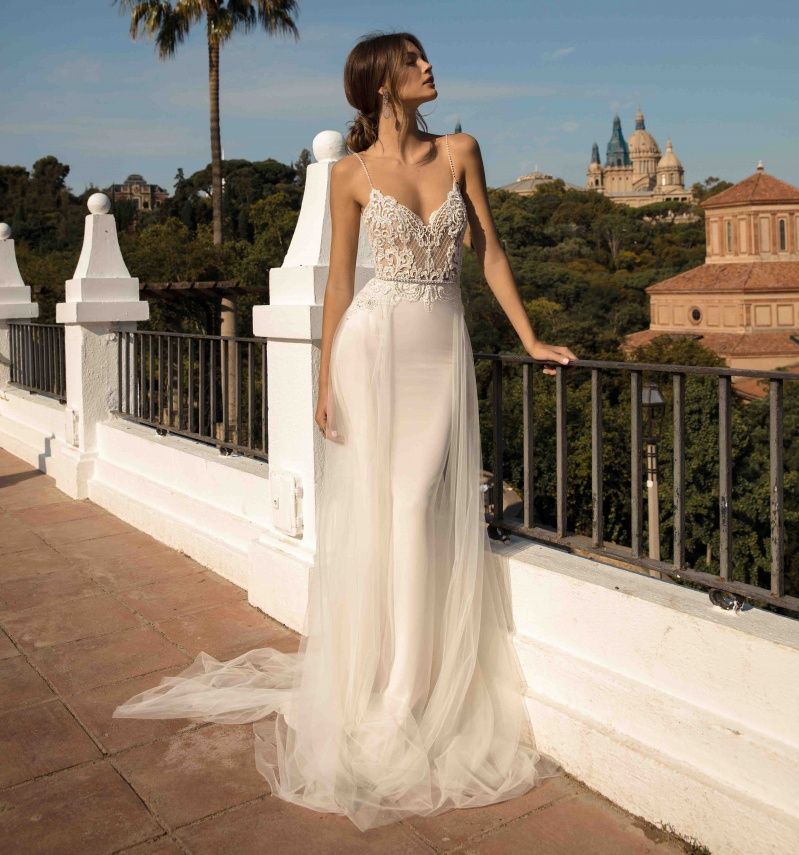 Classy Berta Mermaid Backless Wedding Dresses Spaghetti Straps Beaded Plus Size Lace Bridal Gowns Tulle Trumpet Overskirt Vestido De Novia 9P29