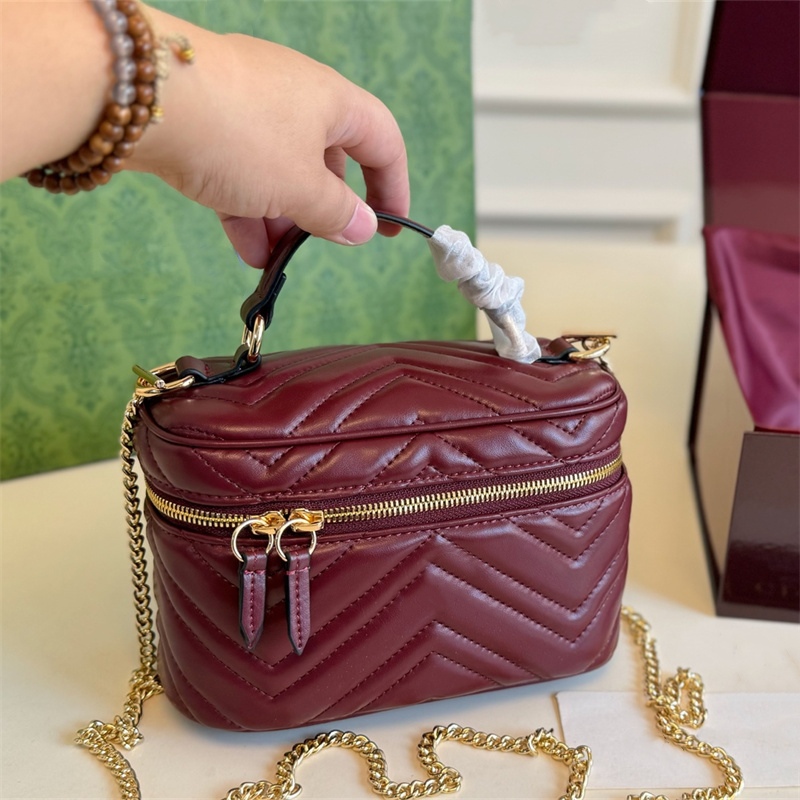 Women Mini Makeup Bag Vanity Cosmetic Bags Toiletry Make Up Bag Cross Body Chain Pouch Stripe Leather Handbag 10A