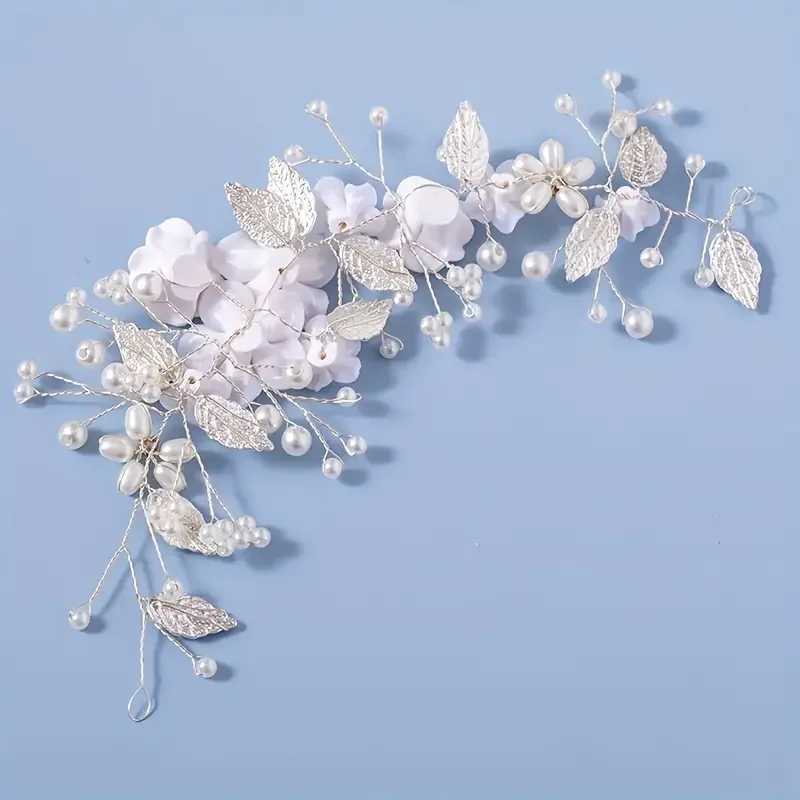 1 piece of white soft pottery flower bridal hair cessory gold silver alloy leaf bridal handmade headpiece L2509288WLF