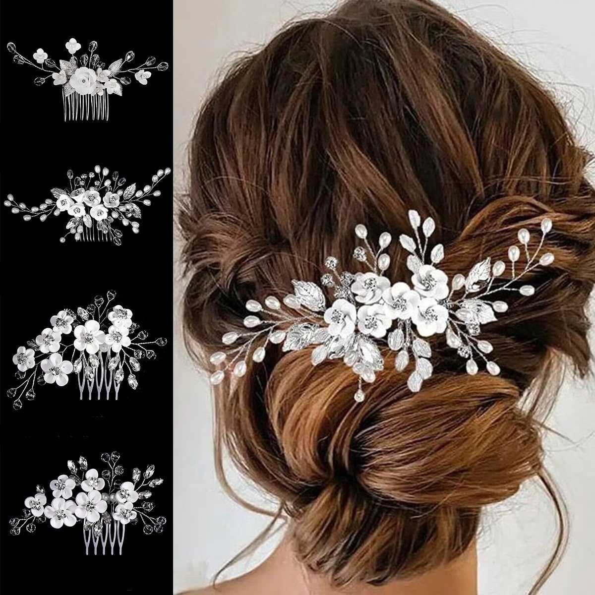 White Soft Ceramic Flower Womens Hair Comb Pearl Rhinestone Daily Hair Clip Wedding Party Bridal Jewelry Headdress L2509282KR8