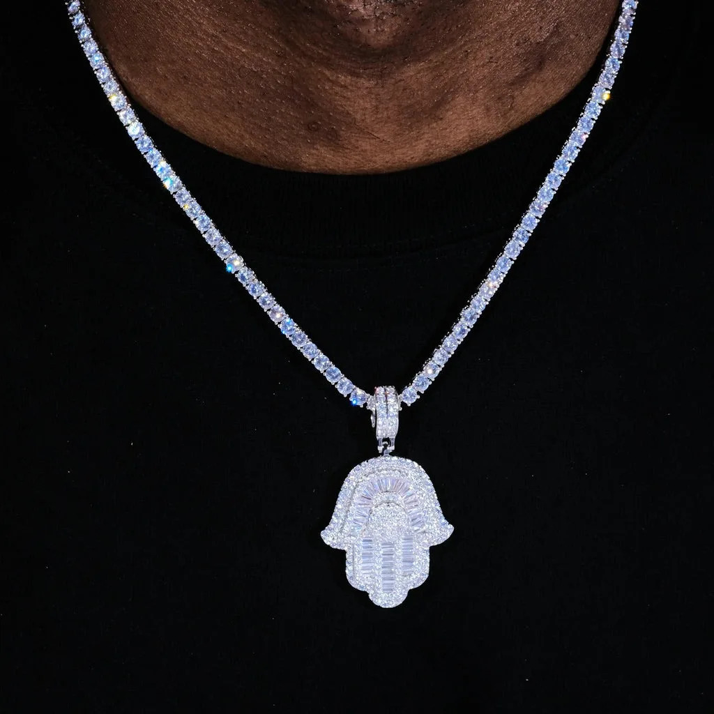 Hip Hop Jewelry Micro Iced Out Baguette CZ Hamsa Hand Pendant with 24 TennisRope Chain Necklaces for Men Women 250922