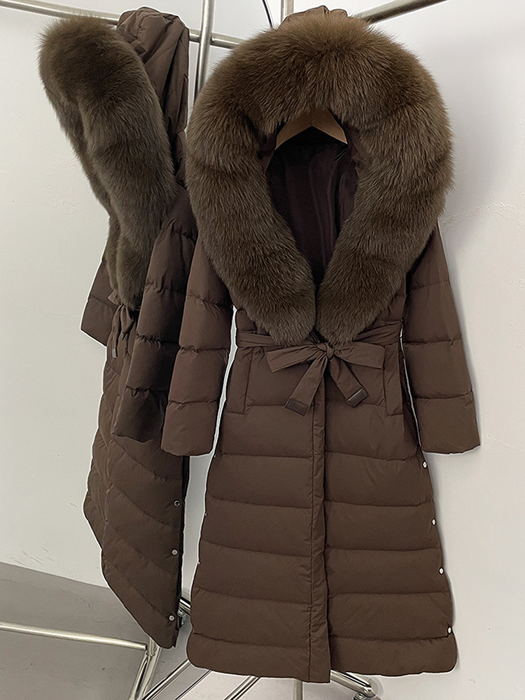 25 cross-border designer's new fox fur collar hooded down jacket for women, long style with tie up waist, slimming down puffer jacket women doudo