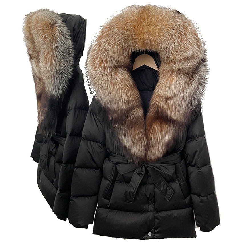 Designer's new winter goose down jacket with oversized real fox fur, thick fur collar, medium to long warm waist down puffer jacket doudoune femm