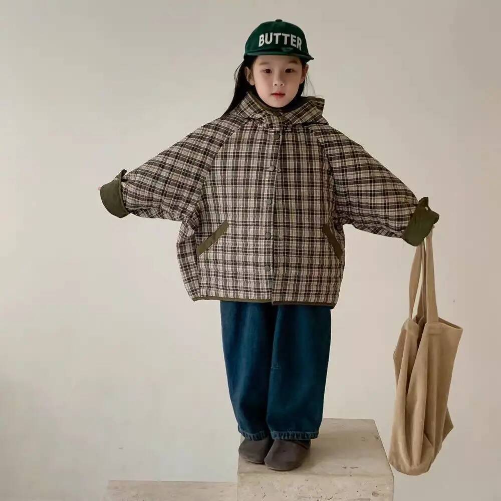 Childrens Winter 2025 New Padded Coat Korean Fashion Casual Daily Plaid Hooded Thicken Cotton-padded Parkas Girls Boys Clothes ddmyshoesvip
