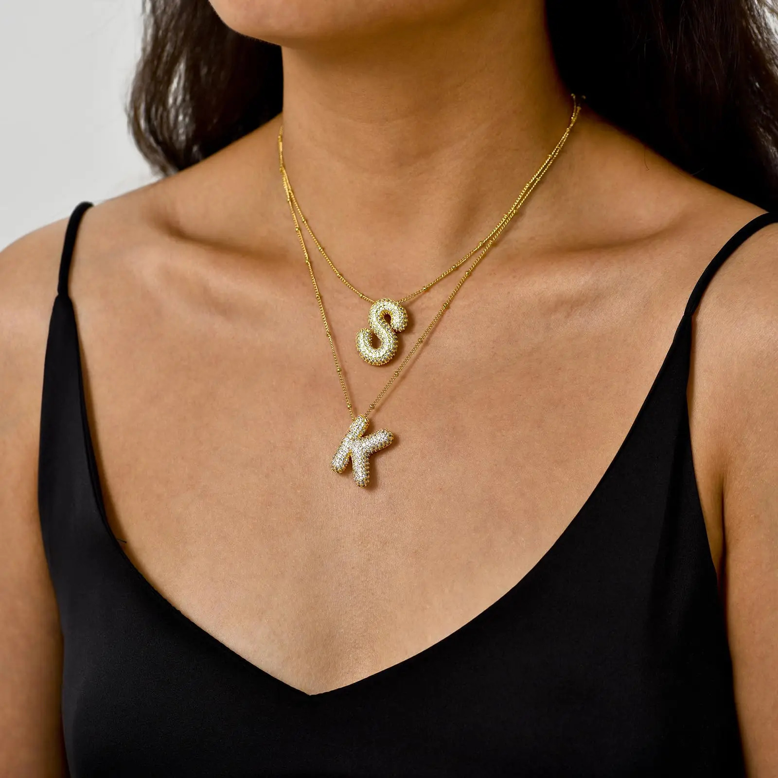 MHSSUN Gold Plated Balloon 26 Letter Necklaces Copper Zircon Bubble Initial Pendant Chunky Women Personality Chain Jewelry 250928