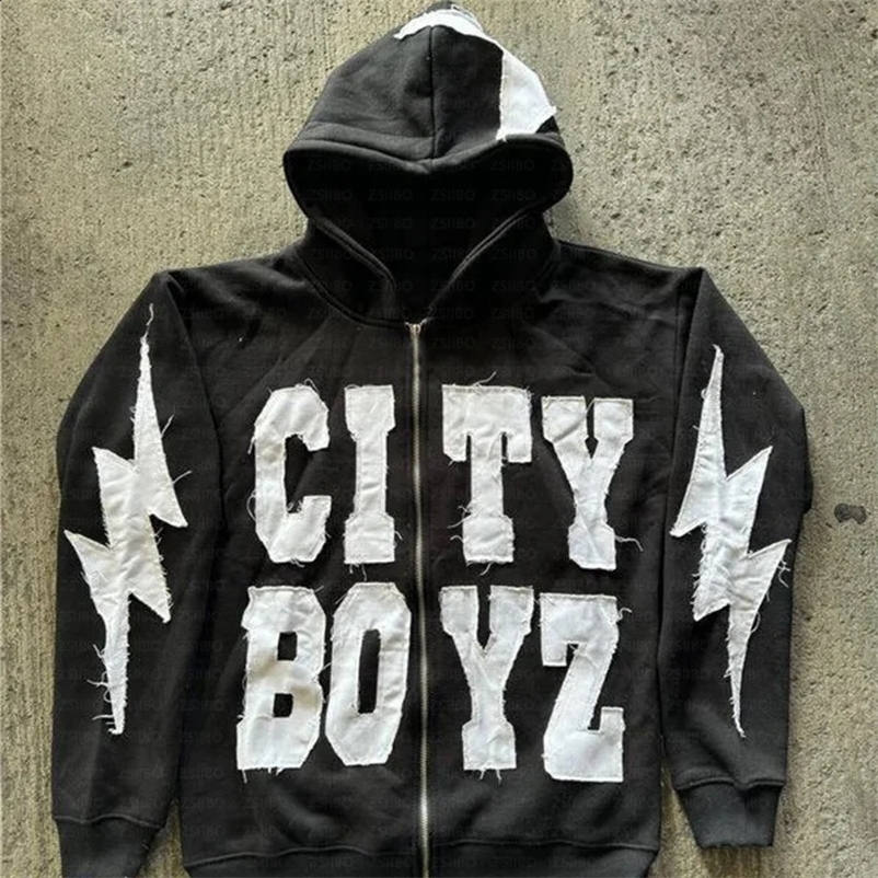 Y2K Hoodie Hip Hop Gothic Letter Splicing Loose Pulling Mens Fashion Retro Harajuku Street Clothing Casual Zipper Top 240813