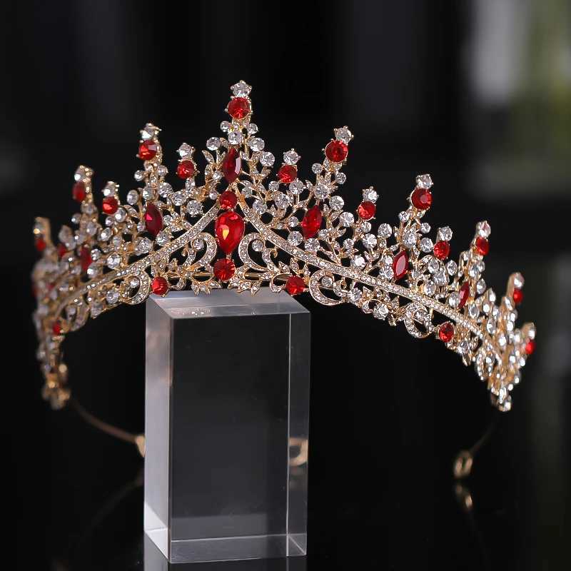 New Golden Bride Crown Princess Headwear Birthday Red Rhinestone Headband Wedding Hair Jewelry Bridal Tiaras Vintage Headpiece L250928I168