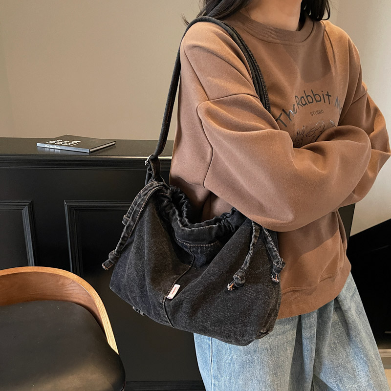Artistic Denim Tote for Women, Large Capacity Drawstring Shoulder Crossbody Bag, Student Class Commuting Bag