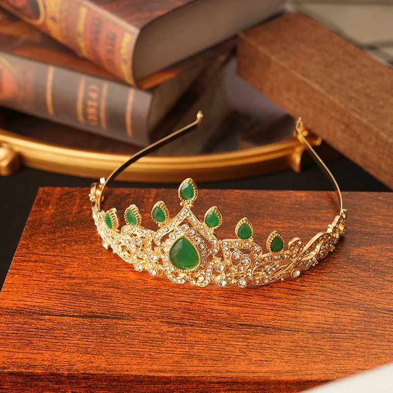 Arabian Women Wedding Gifts Water Drops Green Red Crystal Hair Jewelry Bridal Crown Morocco Fashion Gold Color Bridal Tiara L250928A2KD
