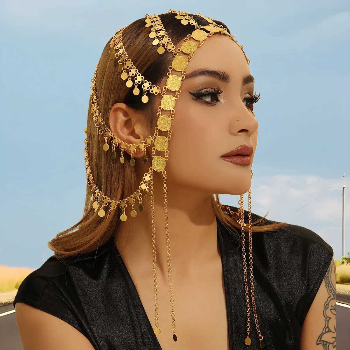 Arab Head Jewelry Golded Alloy Coin Tassel Head Chain Headband For Women Bridal Headdress Wedding cessories L25092880QT