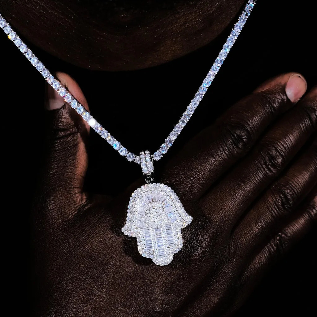 Hip Hop Jewelry Micro Iced Out Baguette CZ Hamsa Hand Pendant with 24 TennisRope Chain Necklaces for Men Women 250922