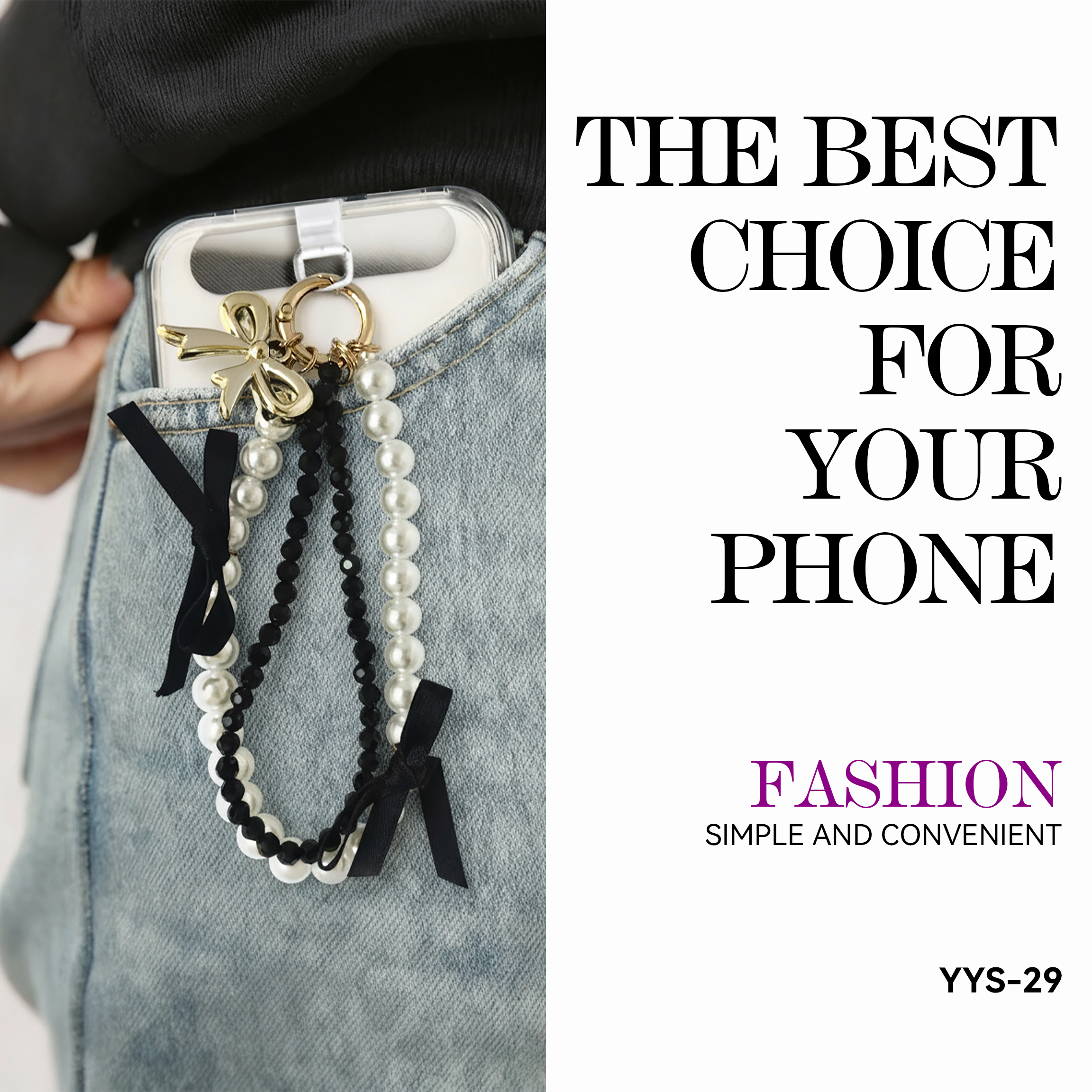 White pearl bracelet, black diamond bracelet, gold bow, black ribbon bow phone strap. Stylish pairing, creative design, anti-loss, easy to grab.