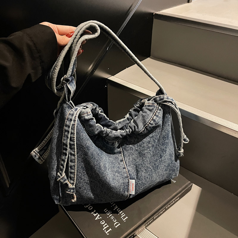 Artistic Denim Tote for Women, Large Capacity Drawstring Shoulder Crossbody Bag, Student Class Commuting Bag