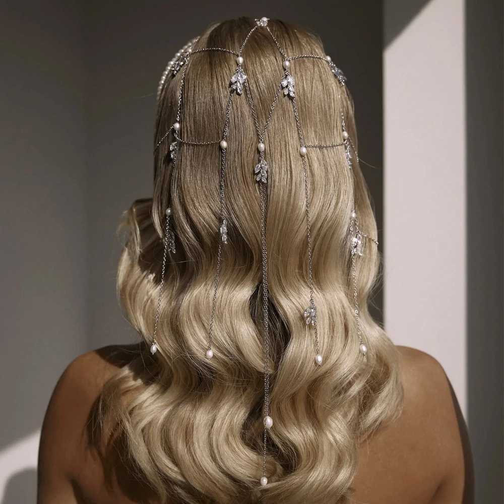Elegant Long Tassel Pearl Headband Chain Wedding Hair Decoration 2025 Boho Leaf Zircon Bride Head Chain Jewelry for Women Gift L2509281UV2