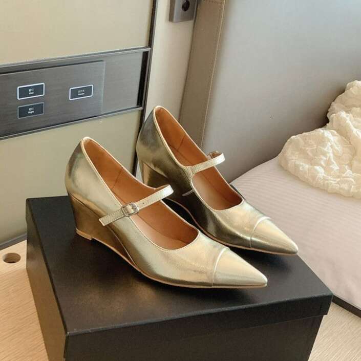 Pointed Toe Wedge One Strap Mary Jane Autumn Winter New Full Leather Solid Color High heel Shallow Mouth Designer Shoe Single Shoes for Women