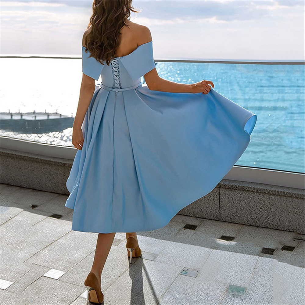 Sky Blue Off The Shoulder Prom Dresses 2025 Tea Length Satin With Pockts Cocktail Party Evening Gown Customized BQ53