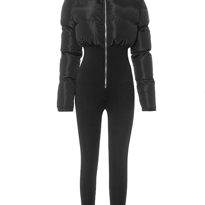 BKQU Patchwork Bodycon Long Sleeve Jumpsuits For Women Autumn Winter Thick Warm High Waist Zipper Trend Onepiece Rompers 241121w