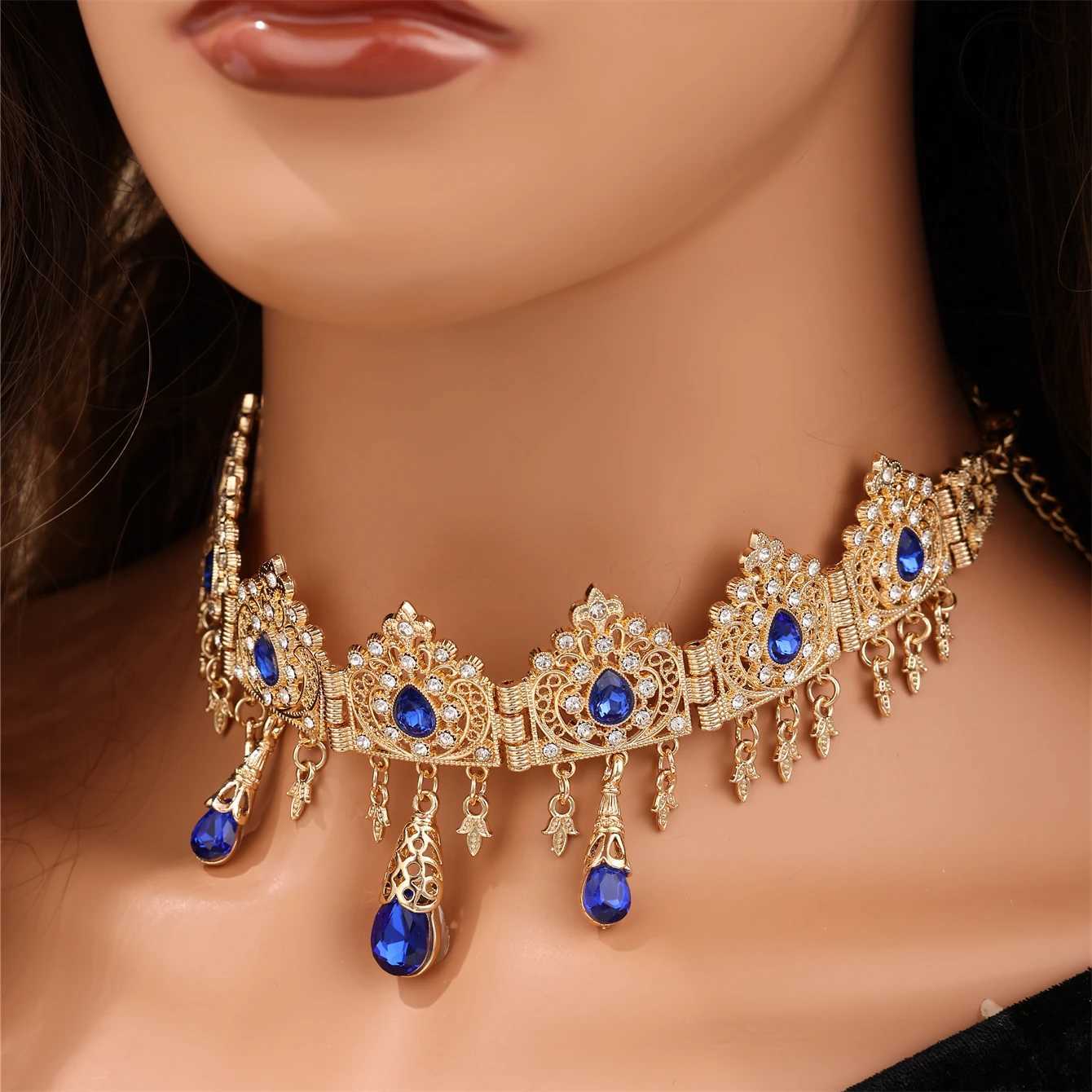 Turkish Wedding Head Piece Gold Color Hair cessories For Women Wedding Rhinestone Hair cessories For Moroccan Bride Neckle L2509289EFM