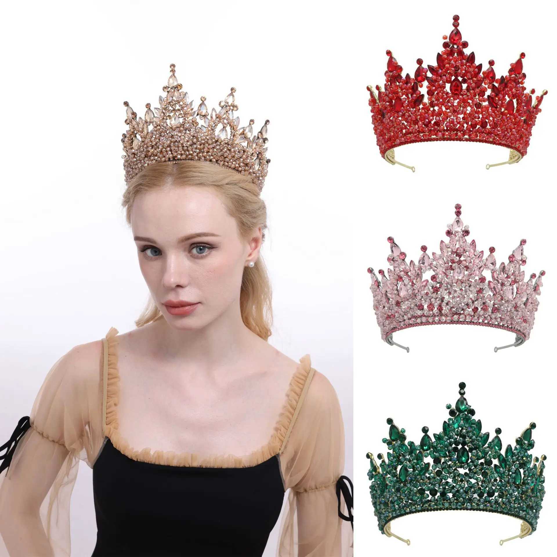 Cross border spot autumn temperament red bridal crown headpiece European and American oversized alloy electroplated wedding cro L250928CX6M
