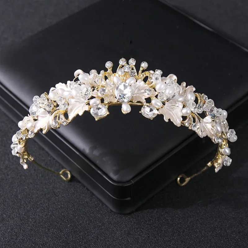 Silver color pearl crystal crown headband flower rhinestone gold tiara diadem party women bride wedding hair cessories jewelry L250928BE4T