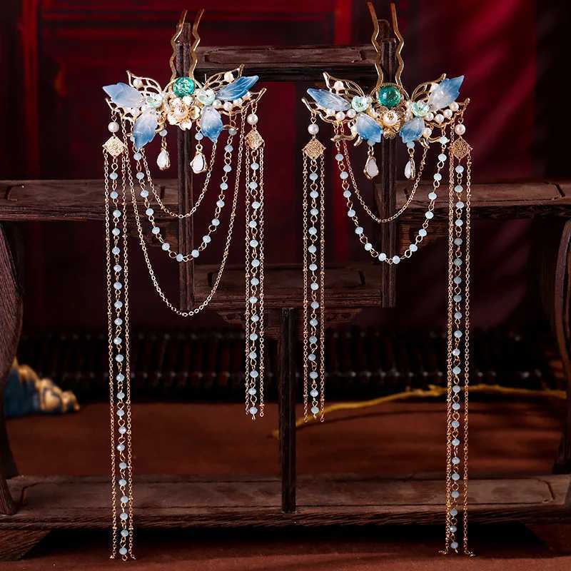 Long Tassel Hair Clip Chiain Forehead Headdress Chinese Hanfu Hair cessory Blue Flower Hairpin Retro Wedding Hair Jewelry Sets L2509283CNP