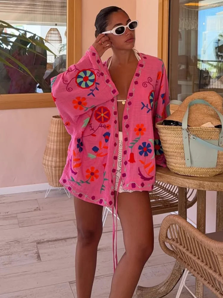 Chic Embroidery Pink Lace Up Woman Short Coat Casual Long Sleeves V Neck Jacket 2025 Autumn Lady Street Outerwear 250917Z