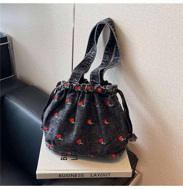 Bucket Embroidered Handbag Denim Niche Design Fashion Designer Bags Large Capacity Shoulder Underarm Commuter Women's Bag