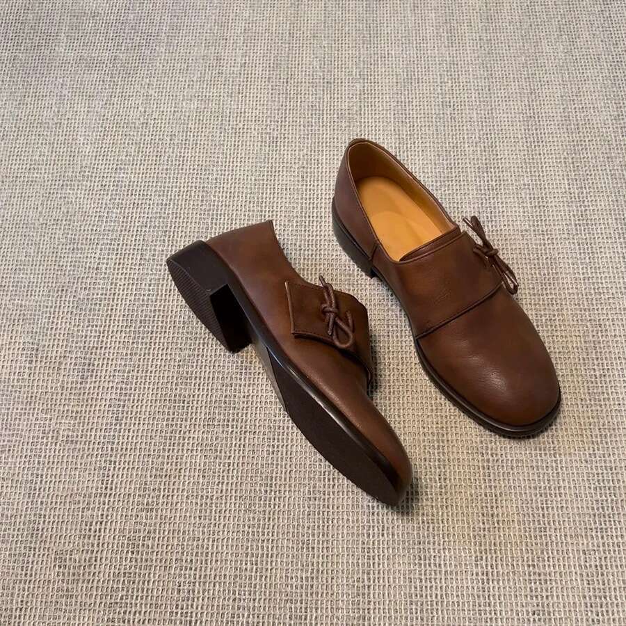 Genuine Leather Bowknot Deep Mouth Women's 2024 Autumn Winter New Versatile Chunky heel Round Toe Loafers Single Shoes