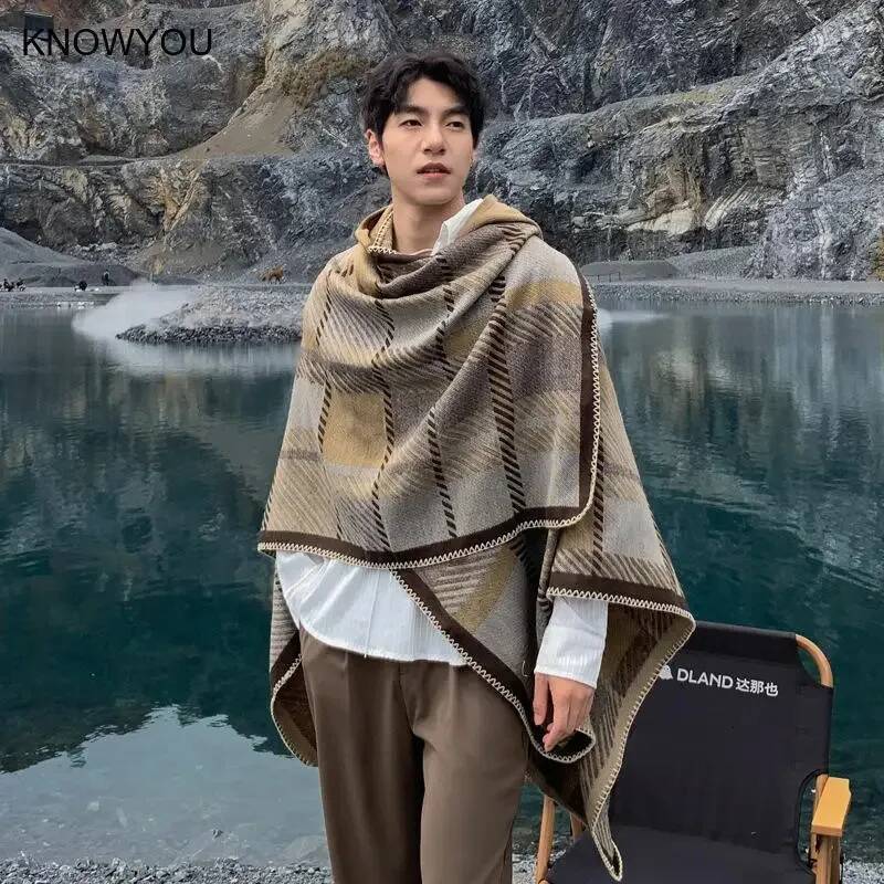 Men Poncho Winter Warm Shawl Thickening Blanket Scarf Male Cloak Cashmere Blend Pashmina Cape Stole Plaid Wraps