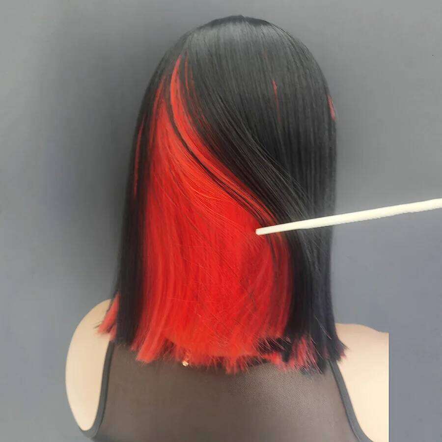 Ombre Red Short Bob Pink Non-Lace Front Synthetic Hair Wig Straight Pre Plucked Part Use For Black Women