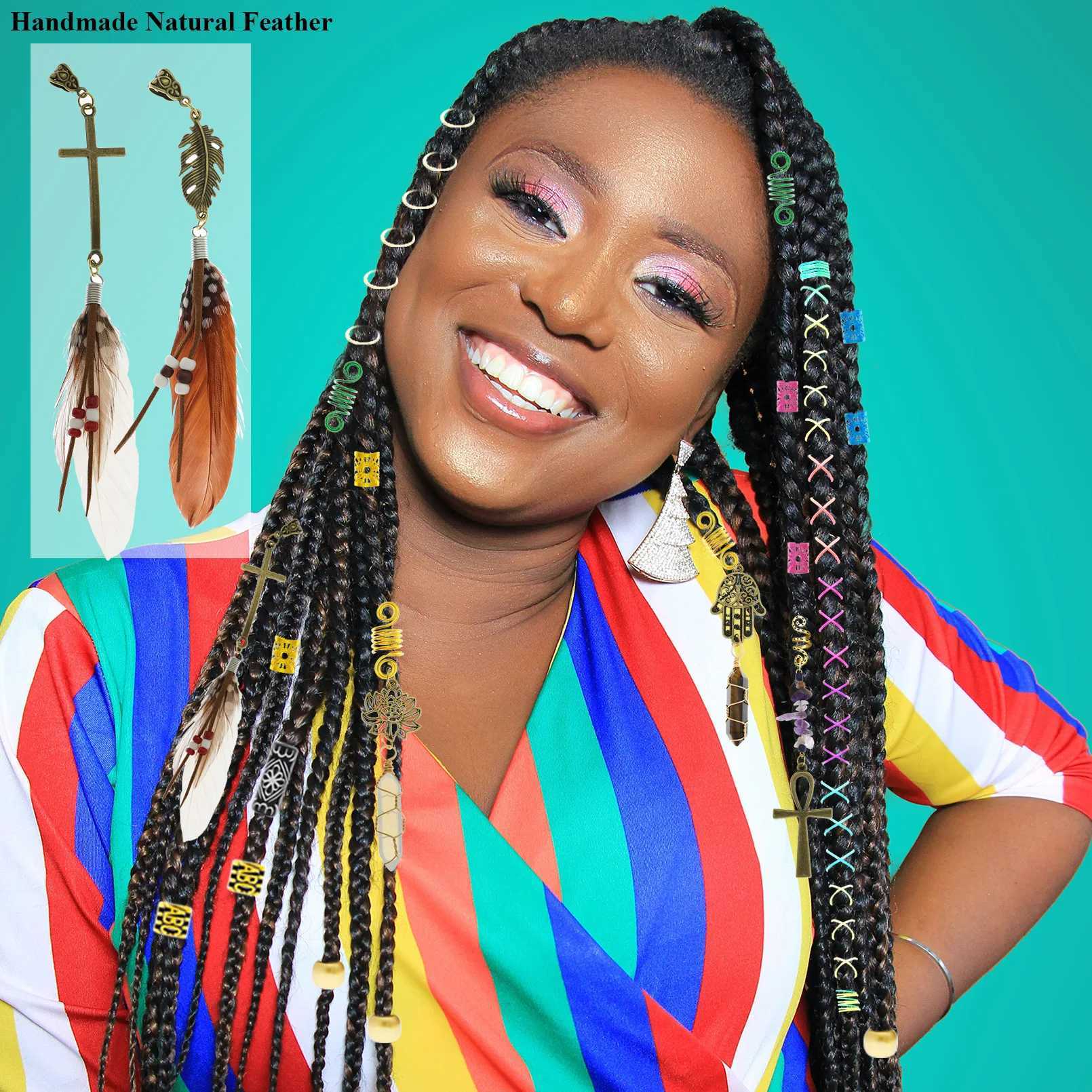 Stone Beads Crystal Feather Cross Pendant Hair Dreadlock cessories Women Spiral Hairpin Headwear Dangle Dirty Braid Jewelry L25092812AS