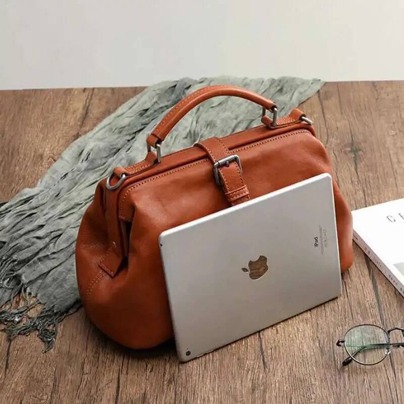 chongsukei Original Soft Buffalo Leather Doctor Bag Womens Vintage Shoulder Bag Crossbody Purse Spacious Cowhide Ladies Handbag