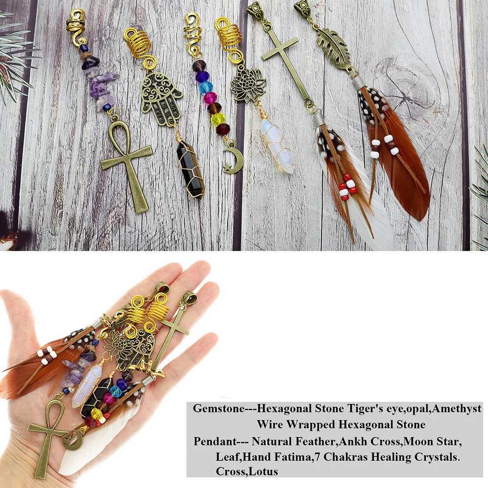 Stone Beads Crystal Feather Cross Pendant Hair Dreadlock cessories Women Spiral Hairpin Headwear Dangle Dirty Braid Jewelry L25092812AS