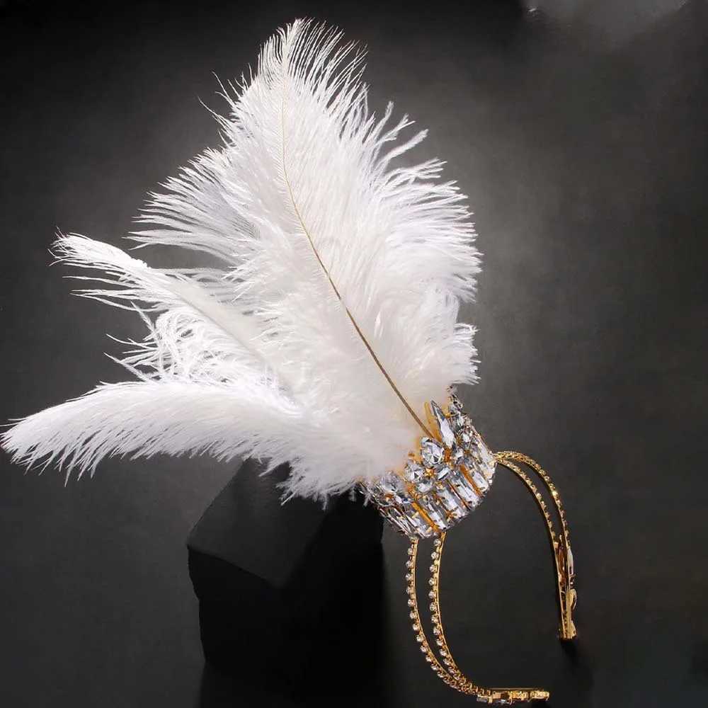 Stonefans White Feather Crown Tiara Drag Queen Performance cessories Oversize Baroque Rhinestone Headpiece Jewelry Cosplay L250928I3RN
