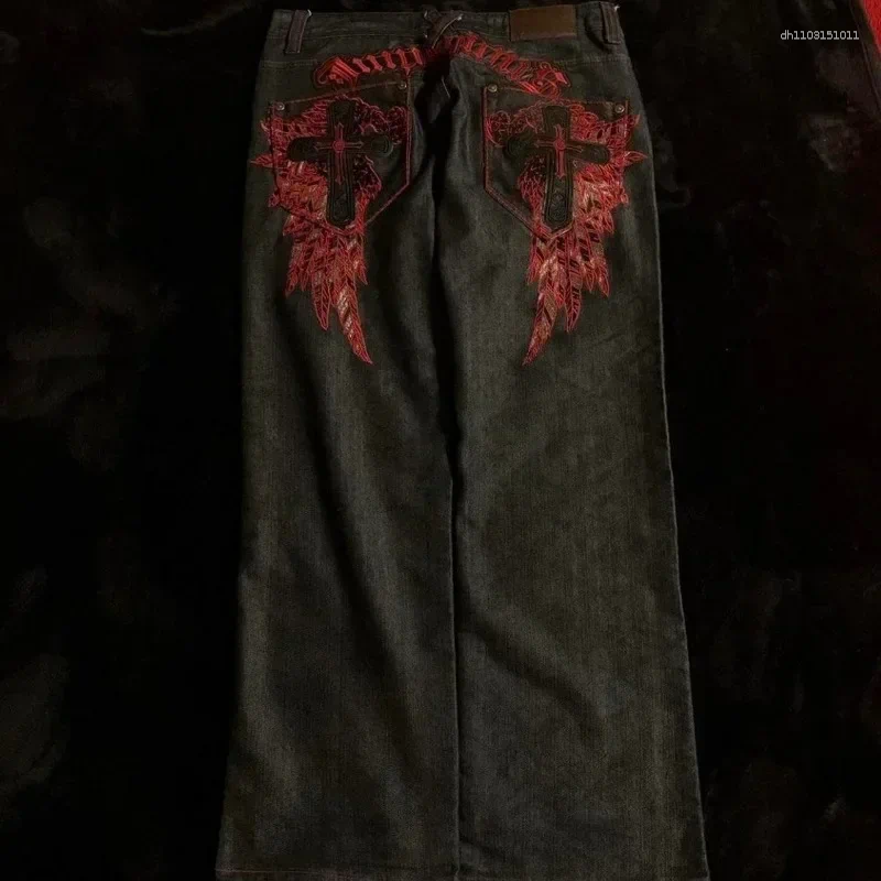 Men's Jeans American Retro Y2K High Waist Street Couple Casual Pants Gothic Embroidered Men Black Red Pattern Baggy - view 6