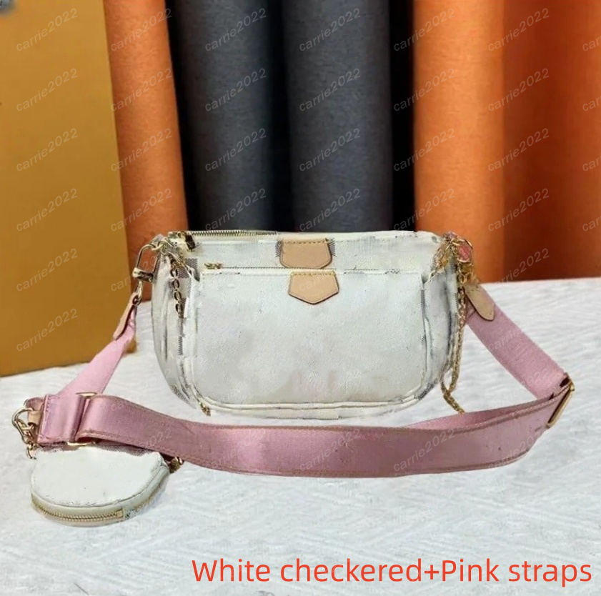 Pink strap White crossbody bags designer bag 3pcs set women shoulder bag luxury plaid cross body bag Multi Pote Gold chain Messenger Tote bag Coin Purse 44813 New
