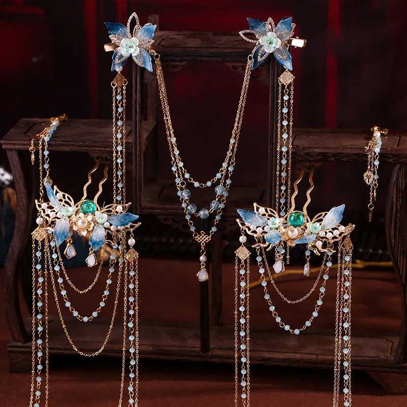 Long Tassel Hair Clip Chiain Forehead Headdress Chinese Hanfu Hair cessory Blue Flower Hairpin Retro Wedding Hair Jewelry Sets L2509283CNP