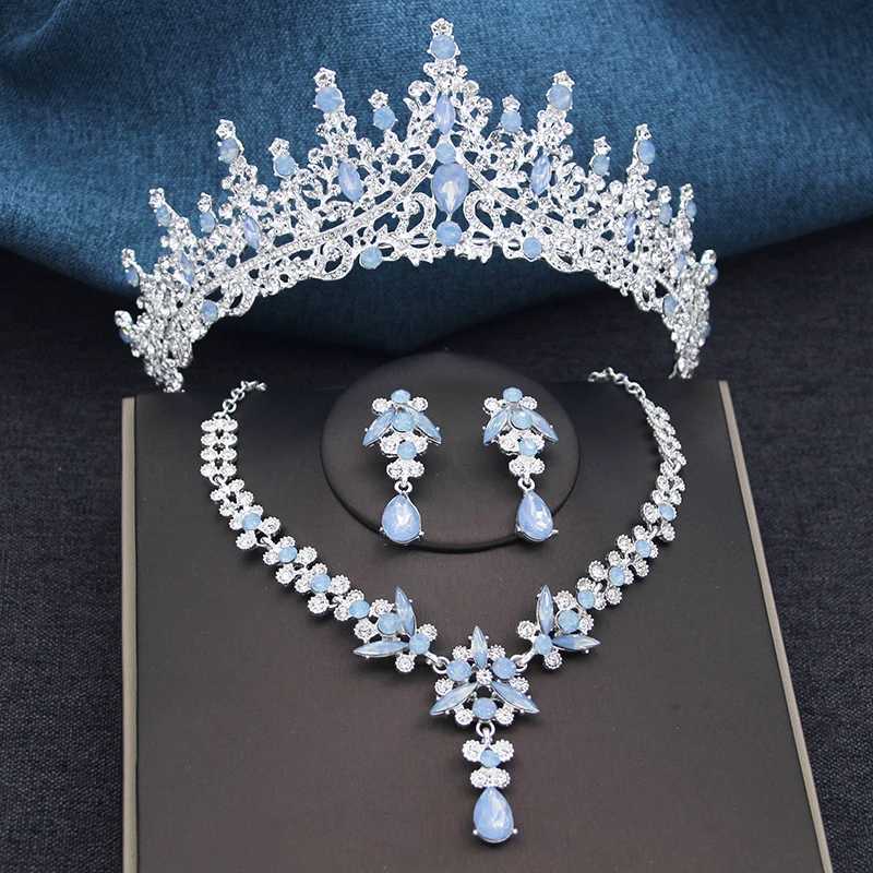 Silver Color Opal Blue Wedding Crown Jewelry sets for Women Tiaras and Earrings neckle set Princess Girls Prom Gifts cessory L250928E4L2