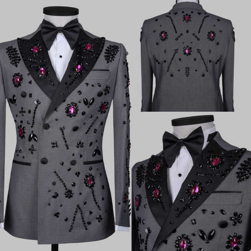 Exquisite Wedding Groom Tuxedos 1 Piece Jacket Handmade Beading Crystal Slim Fit Men's Suits Blazers Party Special Occasions Customized