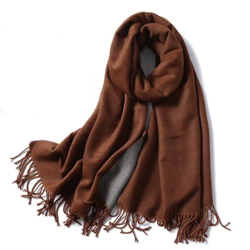T1886 Solid Color Cashmere Scarf for Men and Women - Thick, Warm, Double-Sided, Two-Tone Design with Tassels (Includes Packaging)