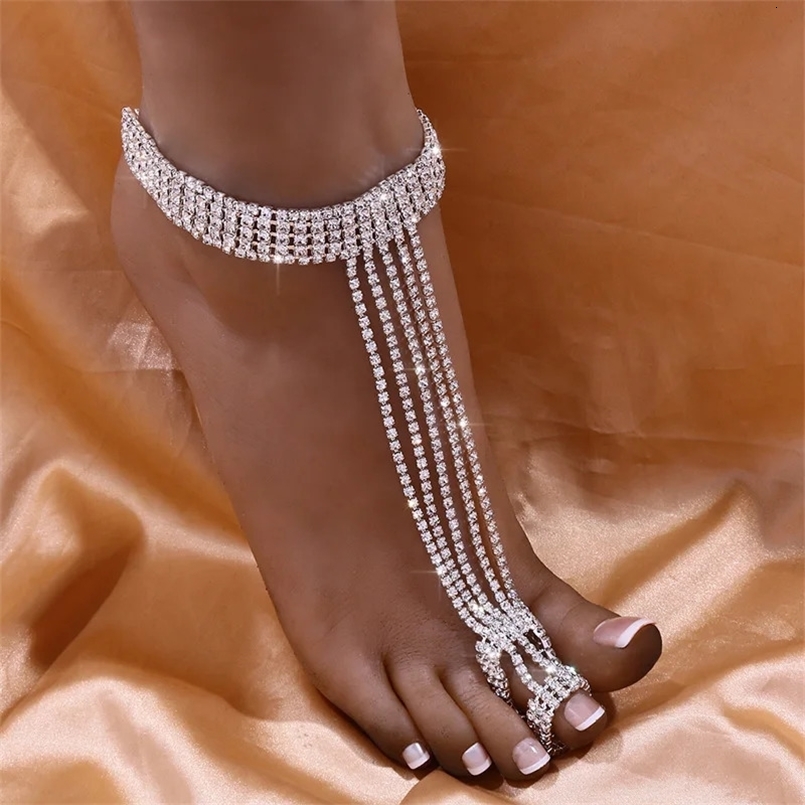 Stonefans Boho Rinestone Anklet and Finger Bling Jewely for Women Crystal Multilayer Toe Ring Foot Chain Bracelet 250517