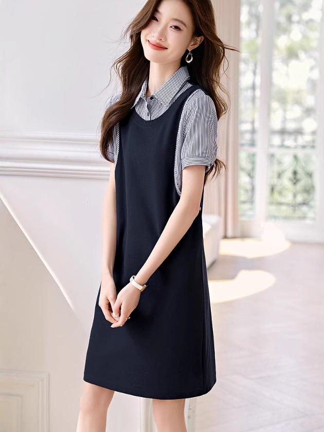 GC122 Summer new design sense of concealing flesh and slimming short sleeve midi skirt