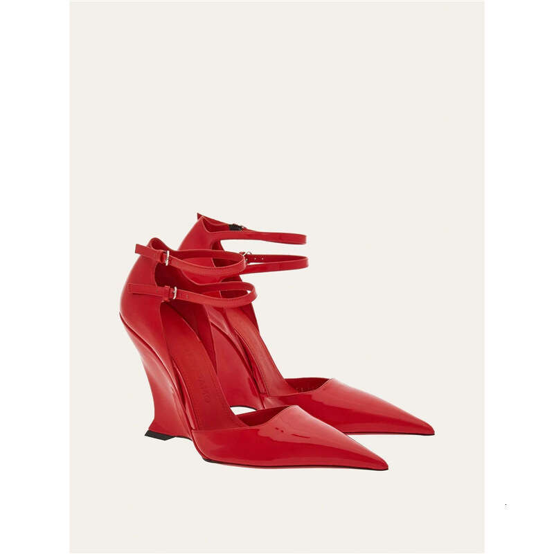 2025 New Red Patent Leather Sexy Wedge Pointed High Designer Shoe heels Shallow Mouth Single Shoes One Strap French Style Women's Sandals