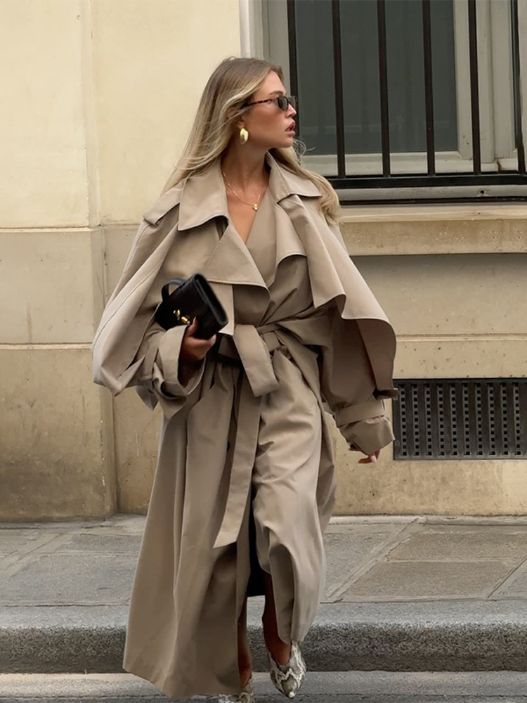 Fashionable Elegant Solid Color Shawl Sleeve Long Trench Coat for Women Autumn Style 250929