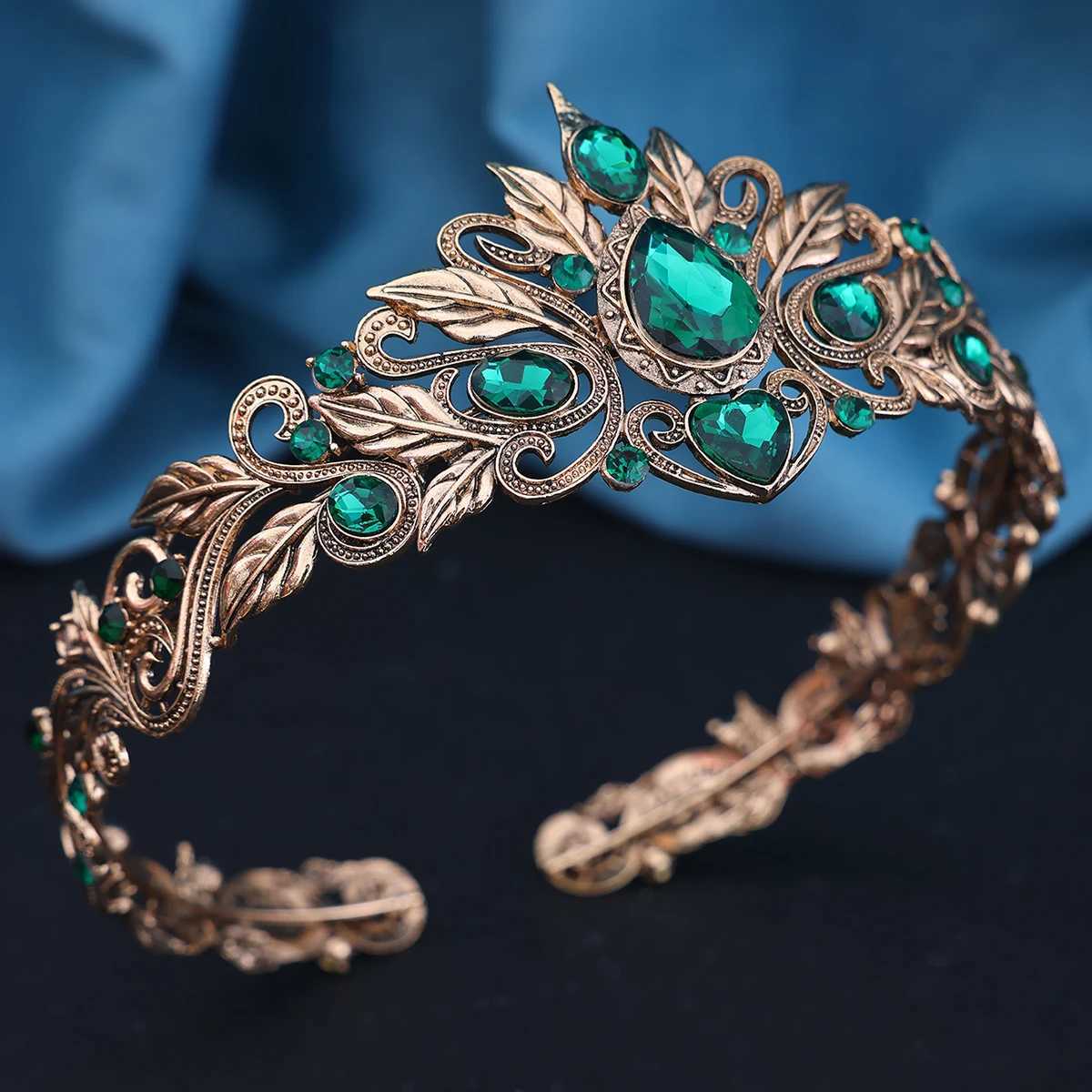 Vintage Green Crystal Cosplay Tiara Crown Women Man Waterdrop Zircon Headband Bridal Hair cessories Crown Wedding Headwear L2509282LVW
