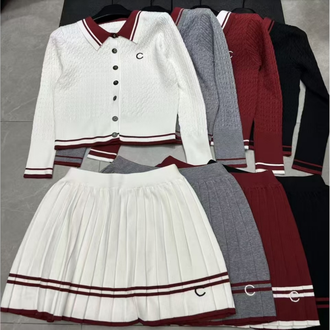 Designer Womens Two Piece Dress Set 2025 New Fashion Tops Color Contrasting Knitted Shirt Waist Collar Short Sleeve Pleated Skirt