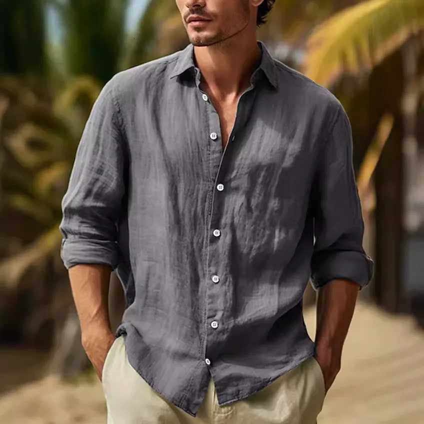Mens Longsleeved Top in 2025Made of Cotton and Linen Solid Color Turndown Collar in a Casual Style Shirt linen shirt men18 D250929