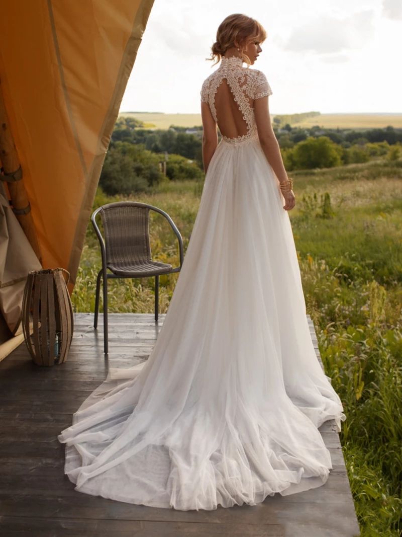 Vintage Boho Wedding Dress Lace High Neck A Line Tulle Princess Hollow Bare Back Short Sleeves Bridal Gowns Robe De Mariee 9P29
